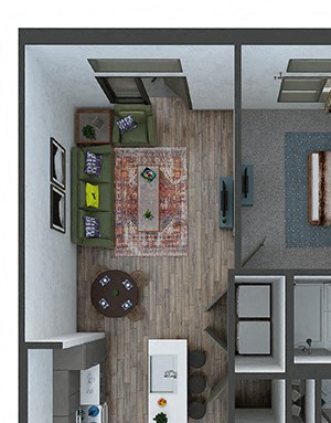 Lexington 1 bedroom, 1 bath. L-shaped kitchen with island and pantry. washer/dryer. Double sink bath vanity. linen closet. Patio/balcony