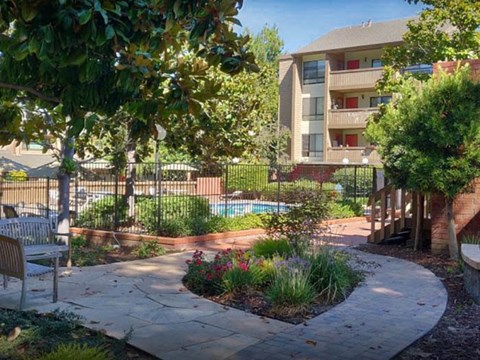 A courtyard with a pool and apartment building in the background.