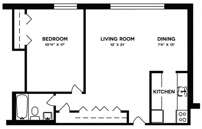 One Bedroom Floor Plan at Shawnee Apartments, Arlington, VA, 22204