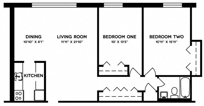 Two Bedroom Floor Plan at Shawnee Apartments, Arlington, VA