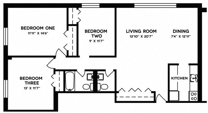 Three Bedroom Floor Plan at Shawnee Apartments, Arlington, VA