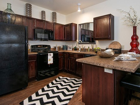 a large kitchen with black appliances and a rug
