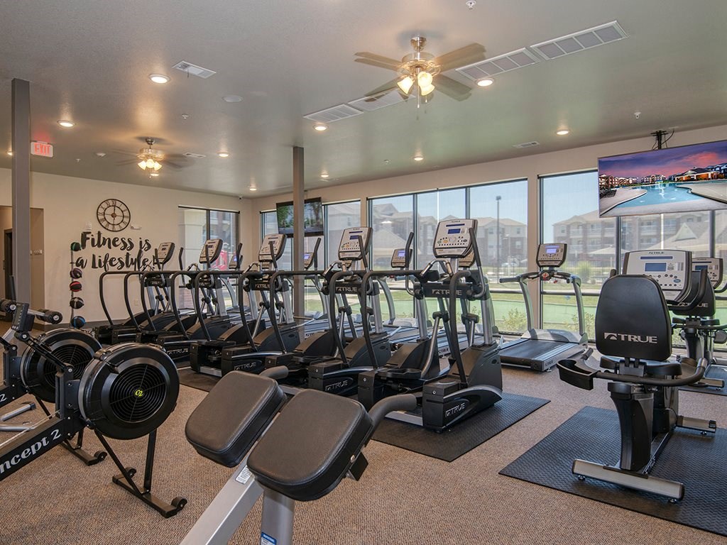 a gym with various cardio machines and a large window