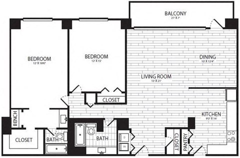 2 Bedroom, 2 Bath 1313 SF B1 at Crystal Square, Arlington, 22202