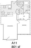 1 Bedroom, 1 Bath 801 SF KA11