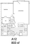 1 Bedroom, 1 Bath 803 SF KA12