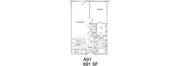 1 Bedroom, 1 Bath 691 SF KA1
