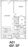 1 Bedroom, 1 Bath 691 SF KA1