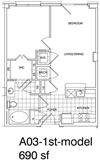 1 Bedroom, 1 Bath 690 SF KA3B