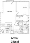 1 Bedroom, 2 Bath 780 SF KA9