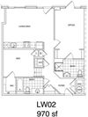 1 Bedroom + Office, 2 Bath 970 SF KLW2