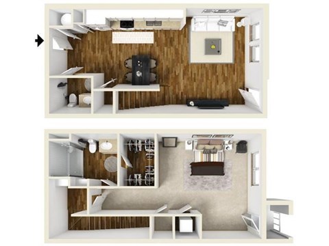 1 bedroom 1.5 bath The Oak Townhome Floor Plan at The Lincoln, Raleigh, NC