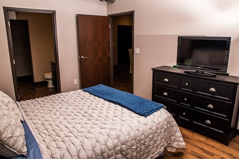 a bedroom with a bed and a tv in it