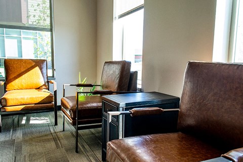 a living room with leather chairs and a trunk