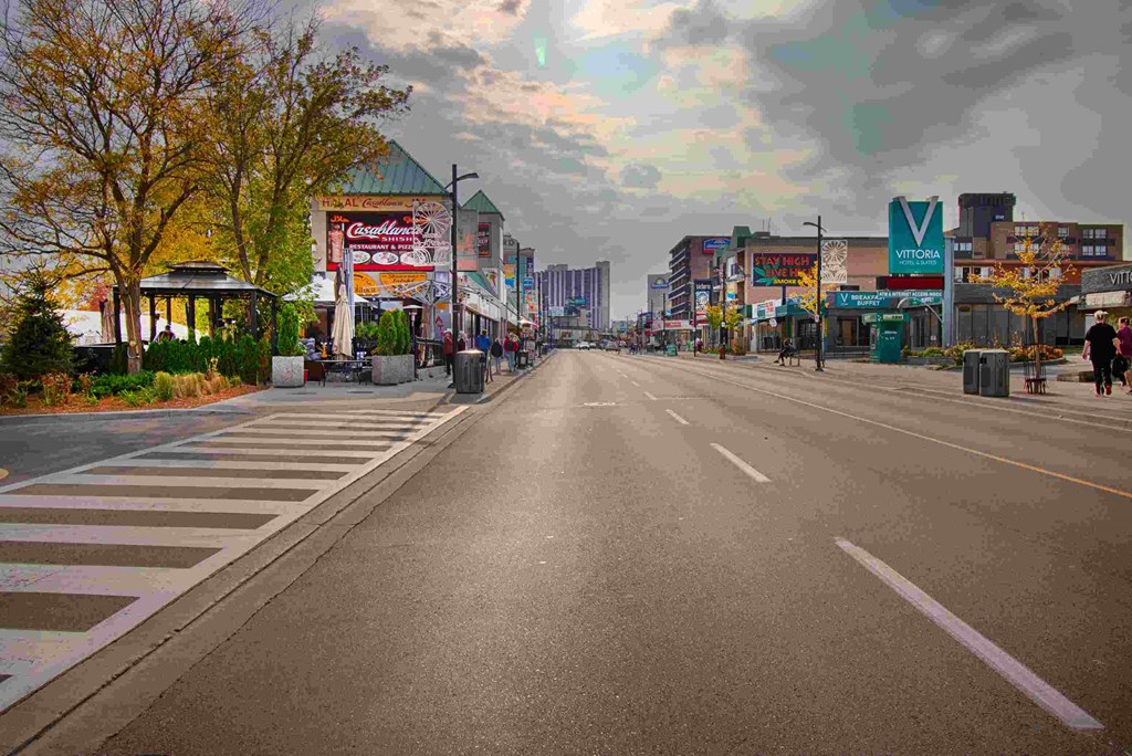 a empty street in a city with buildings and trees