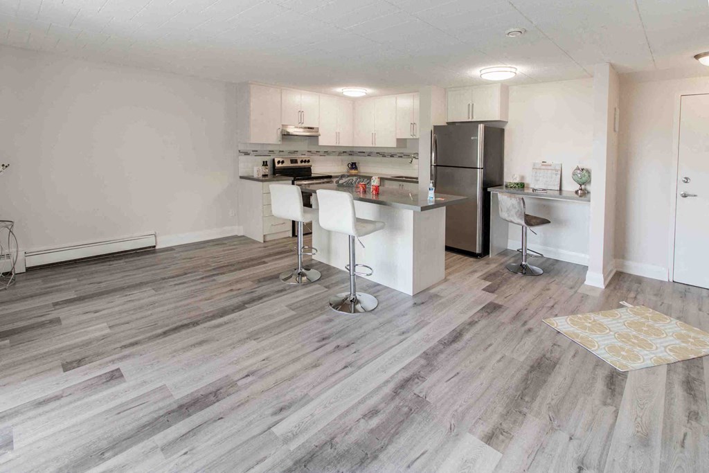 a kitchen with a island and a refrigerator in a living room