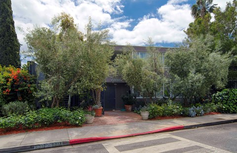 the front of a building with trees and a sidewalk