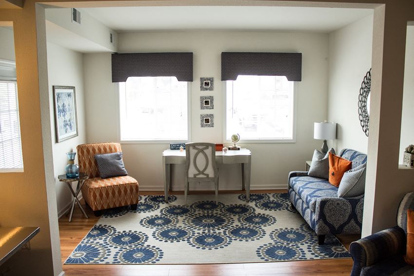 a living room with a blue and white rug and a couch