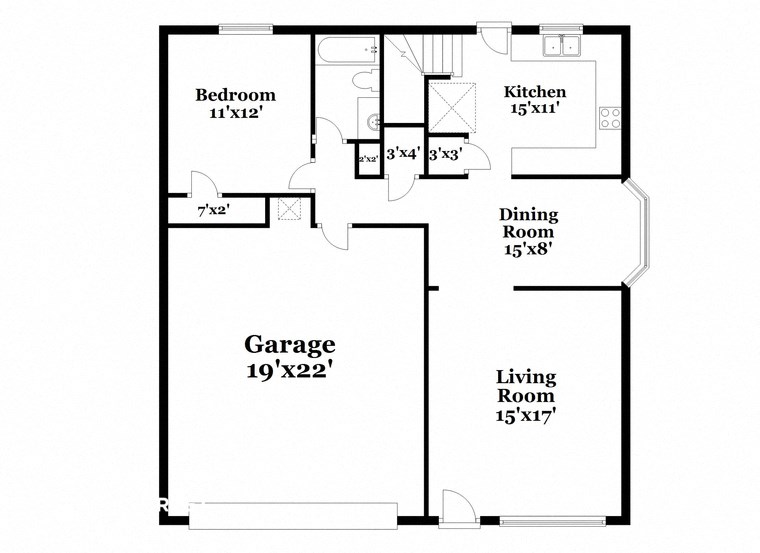 a floor plan of a house with a garage and a living room