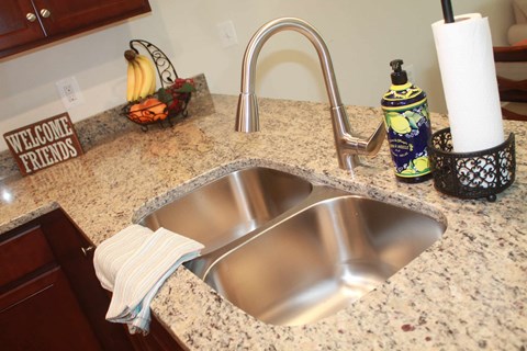 a kitchen sink with a chrome faucet in a granite counter top