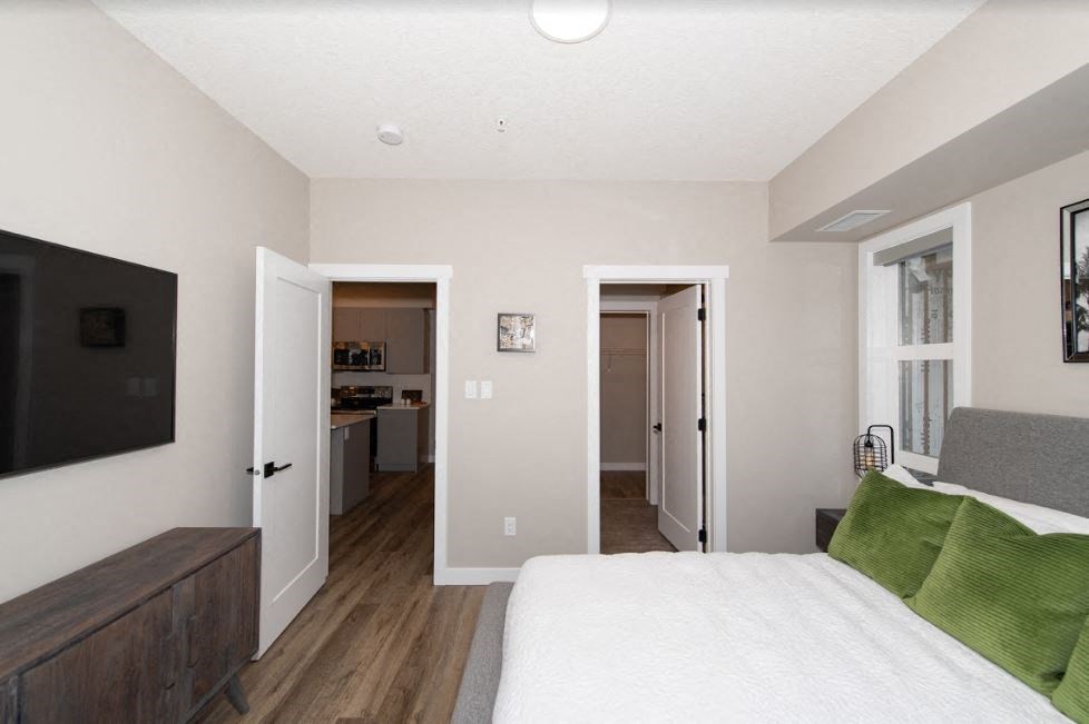 a bedroom with a large bed and a tv