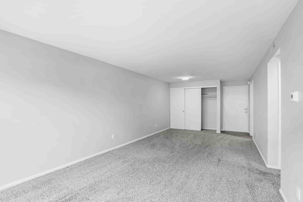 A room with grey carpet and white walls.