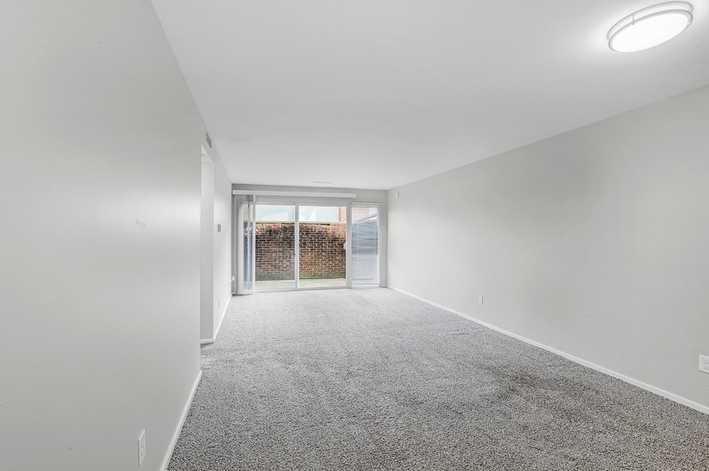 A room with white walls and a grey carpet.