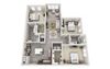 C2 3-bedroom/2-bathroom 3D floor plan layout with 1,536 square feet at The Station at Poplar Tent apartments for rent in Concord, NC