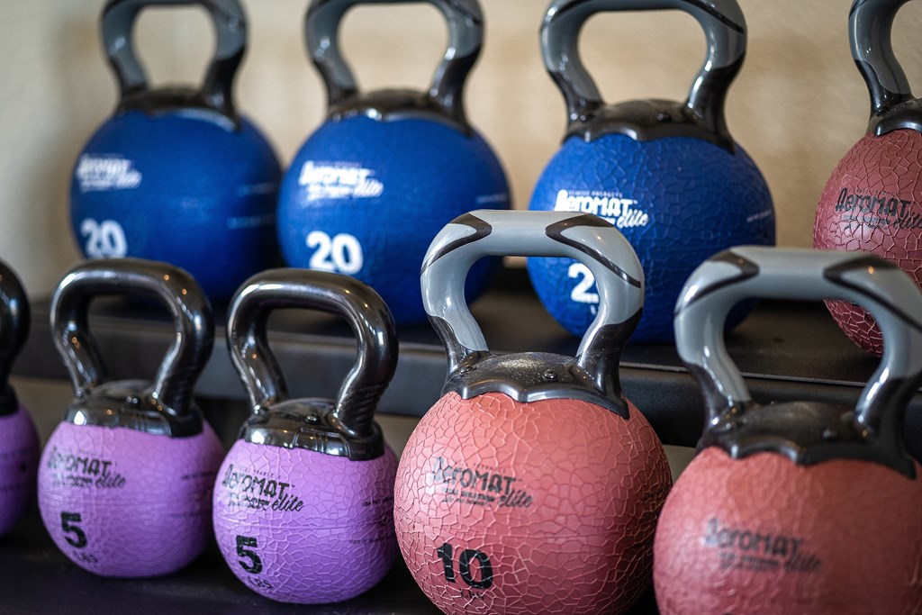 a rack of exercise equipment with different colored dumbbells