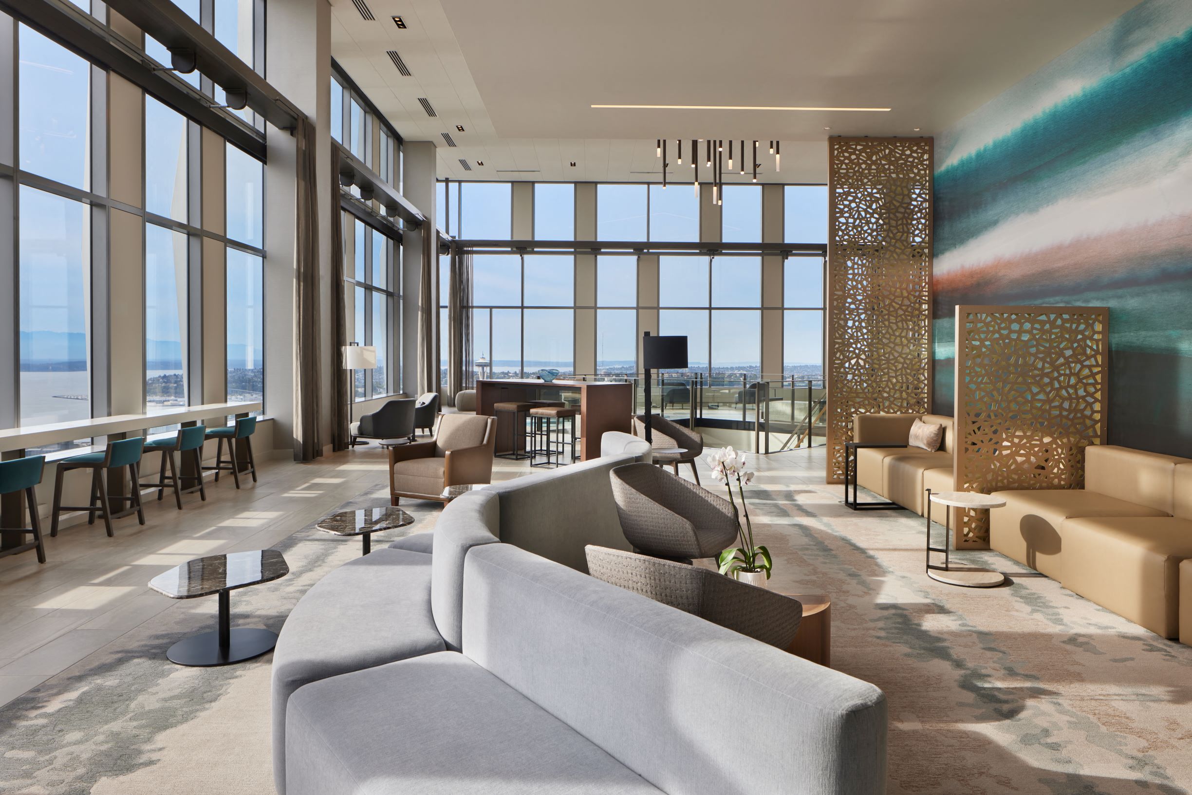 40th level sky lounge with plush seating, co-working spaces and sweeping views