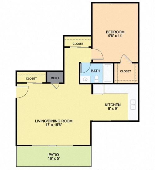 1 Bedroom Floor Plan at River Pointe Apartments, Fort Washington, MD, 20744