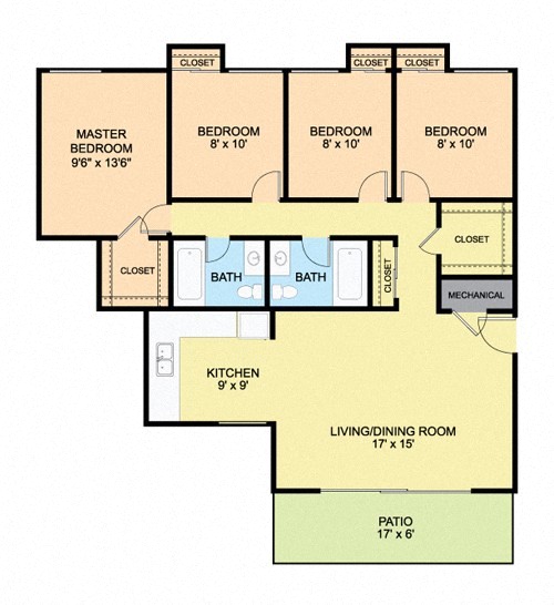 4 Bedroom Floor Plan at River Pointe Apartments, Fort Washington, 20744