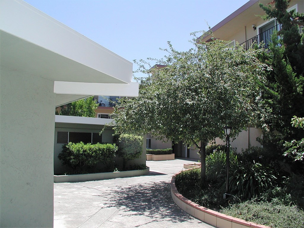 a courtyard with trees and bushes in front of a building