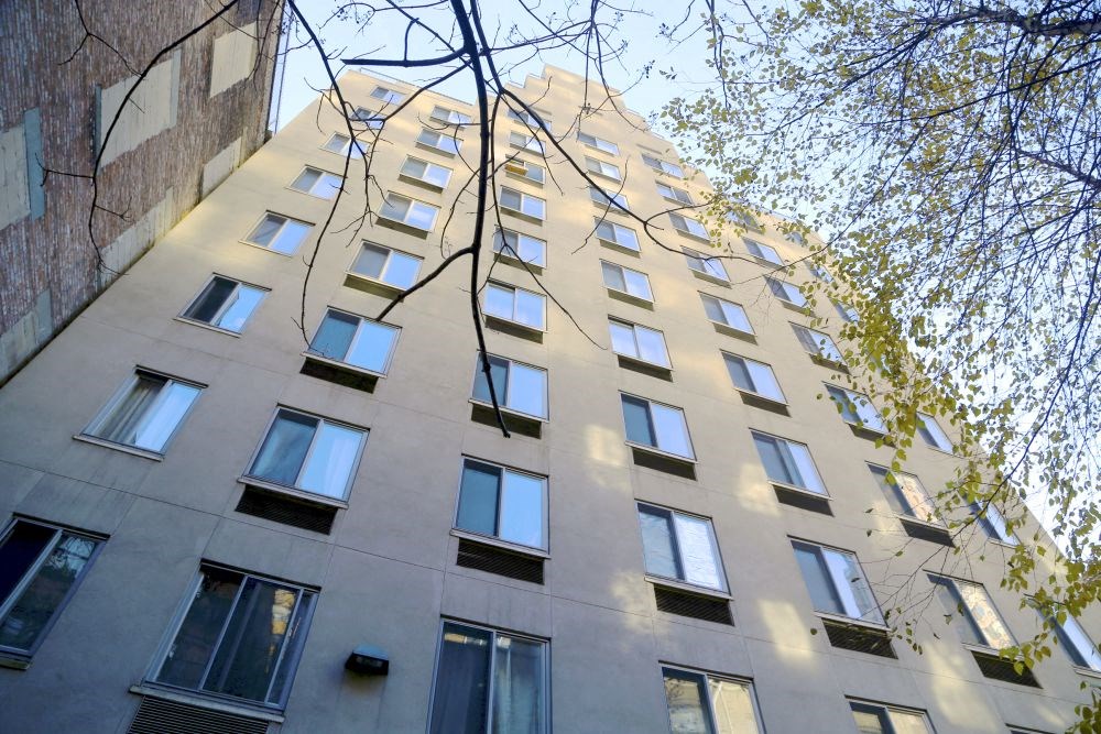 a tall building with many windows and a tree