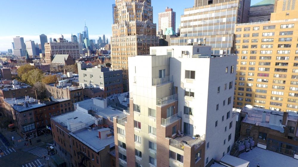 a view of the city from a high rise building