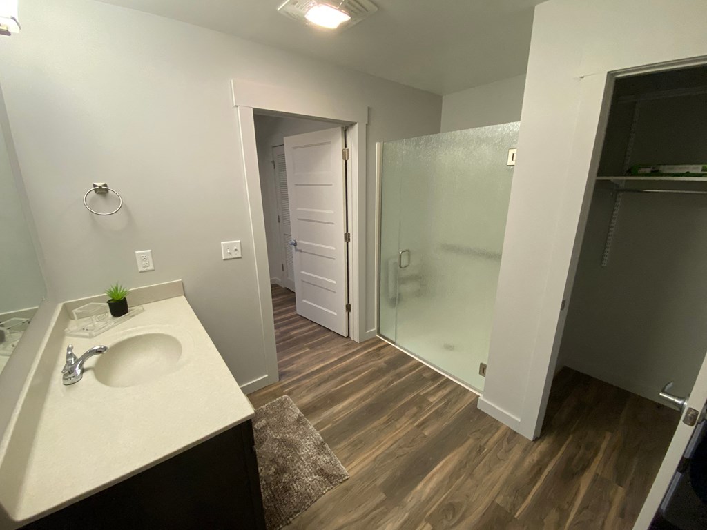 a bathroom with a shower and a sink and a mirror