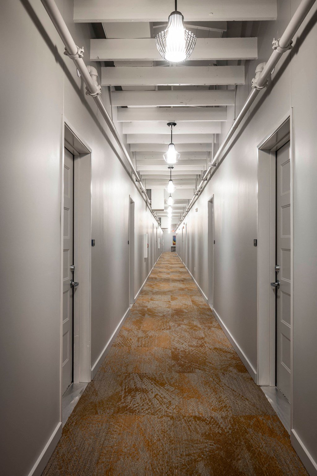 a long hallway with white walls and doors and a carpet on the floor