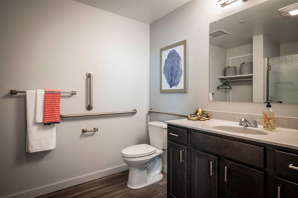 a bathroom with a sink toilet and a mirror