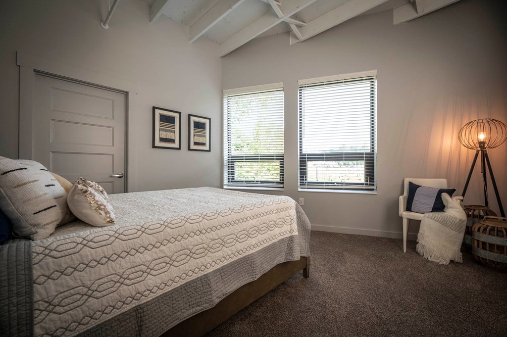 a bedroom with a bed and two windows