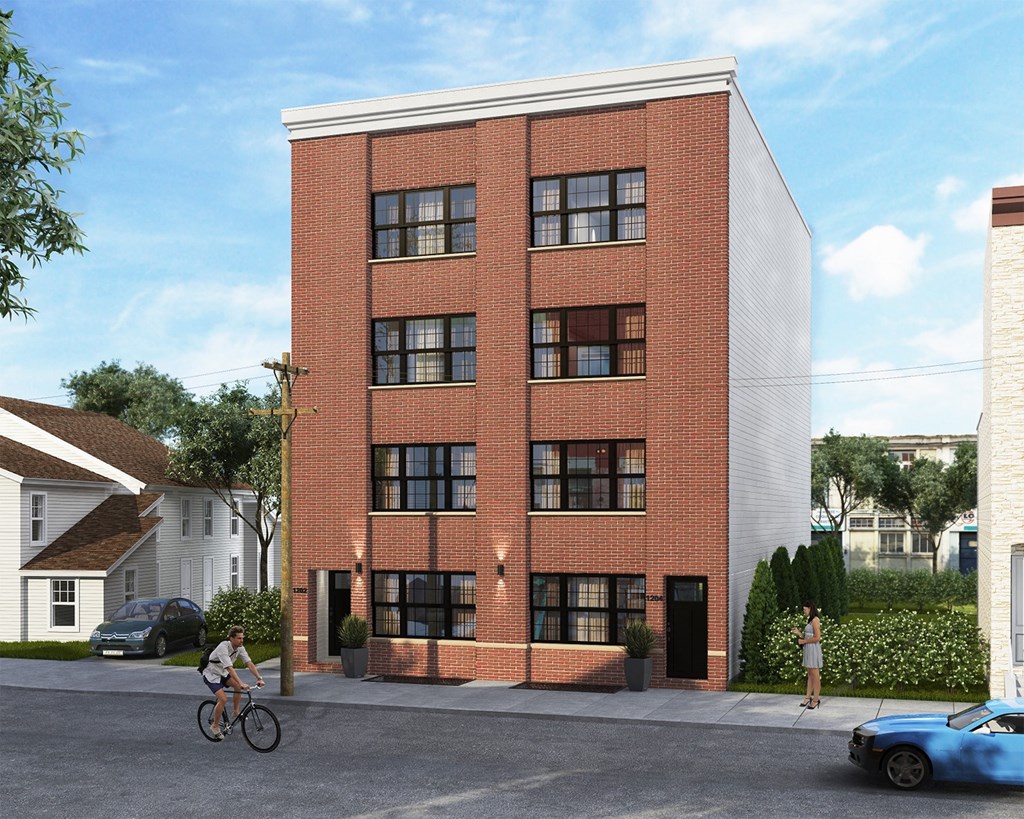 a rendering of an apartment building on a city street