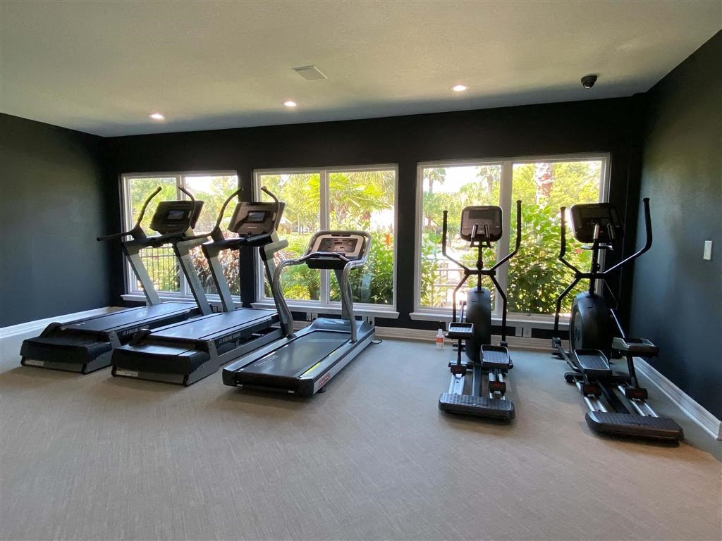 a gym with cardio equipment and windows on the wall