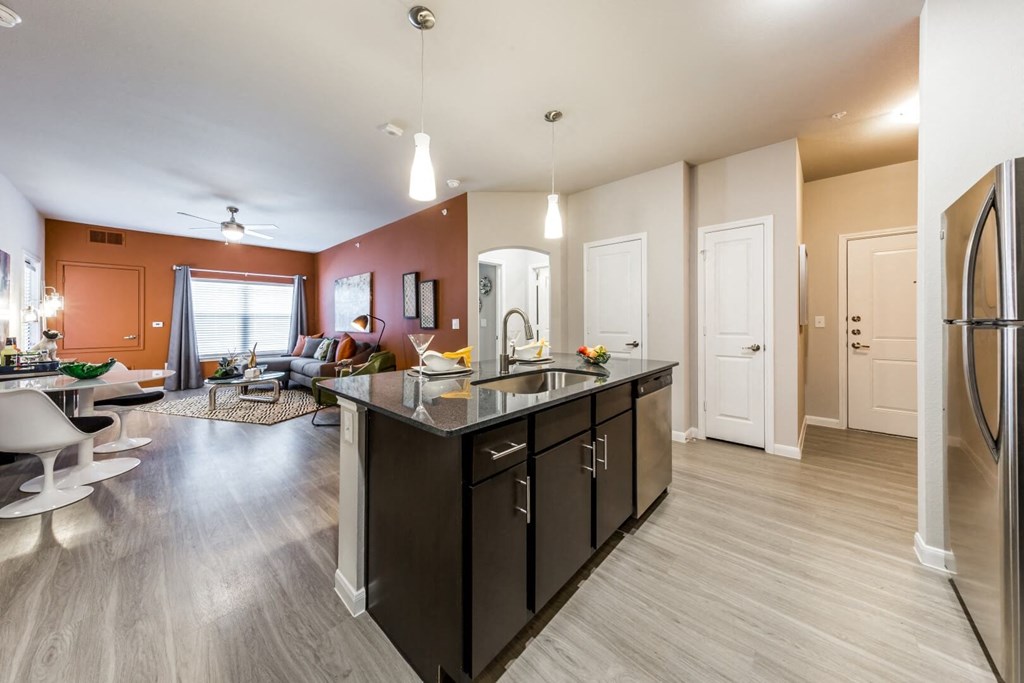 Model 1 - Open Floor Plan with Kitchen Island at Legacy Creekside Apartments, San Antonio, TX, 78251