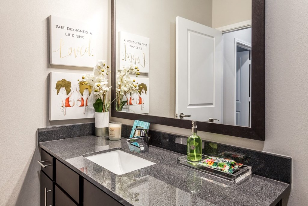 Bathroom with Large Mirror & One Sink at Legacy Creekside Apartments, San Antonio, Texas