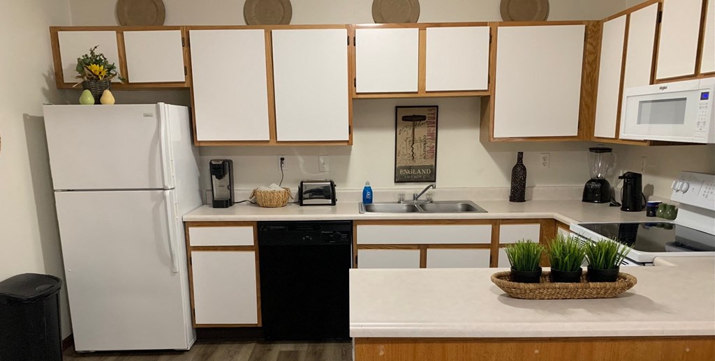 a kitchen with white cabinets and a refrigerator and a sink