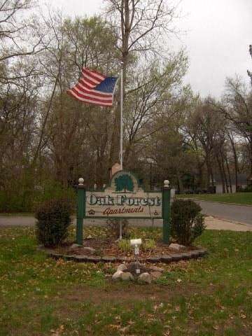 an flag on a pole in front of a sign
