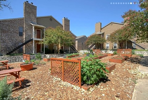 a garden with a wooden fence and benches