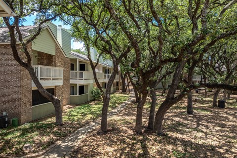 A tree-lined courtyard in front of apartment buildings.
