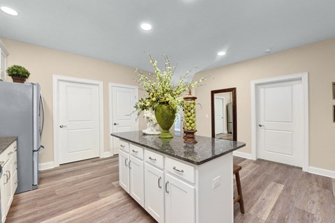 a kitchen with white cabinets and a counter top