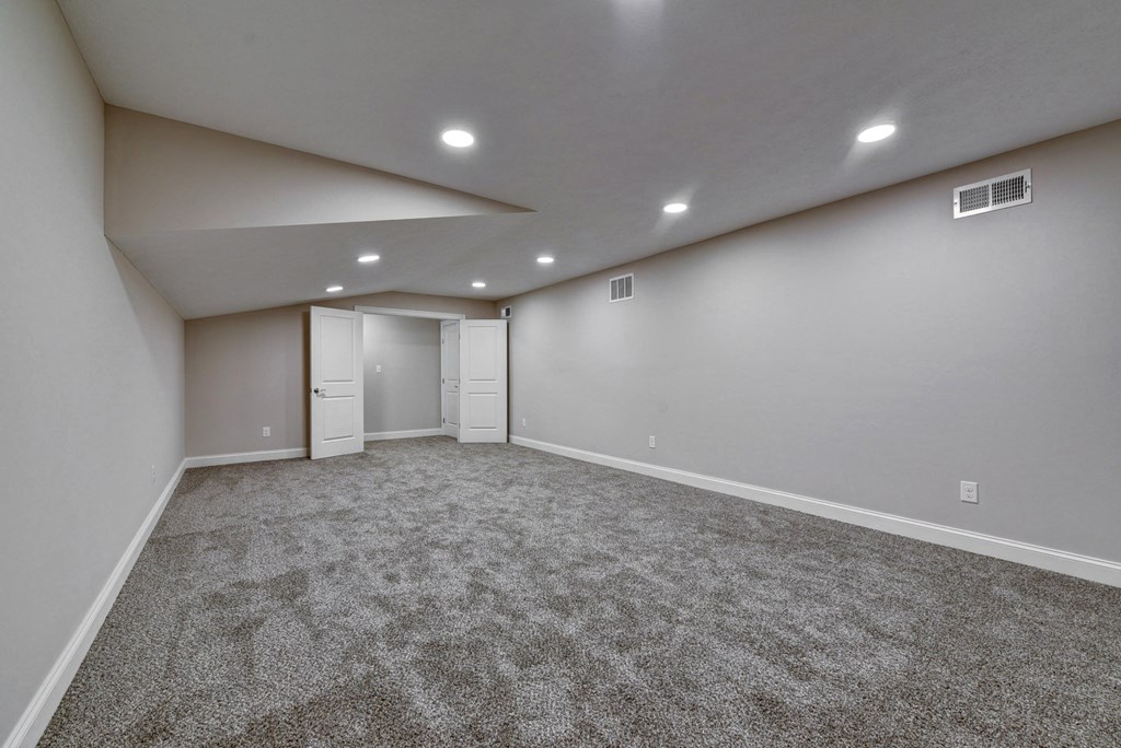 an empty basement with carpet and a door to a closet