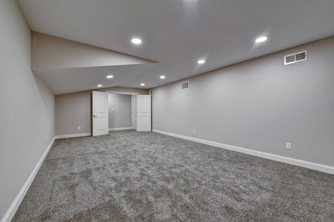 an empty basement with carpet and a door to a closet